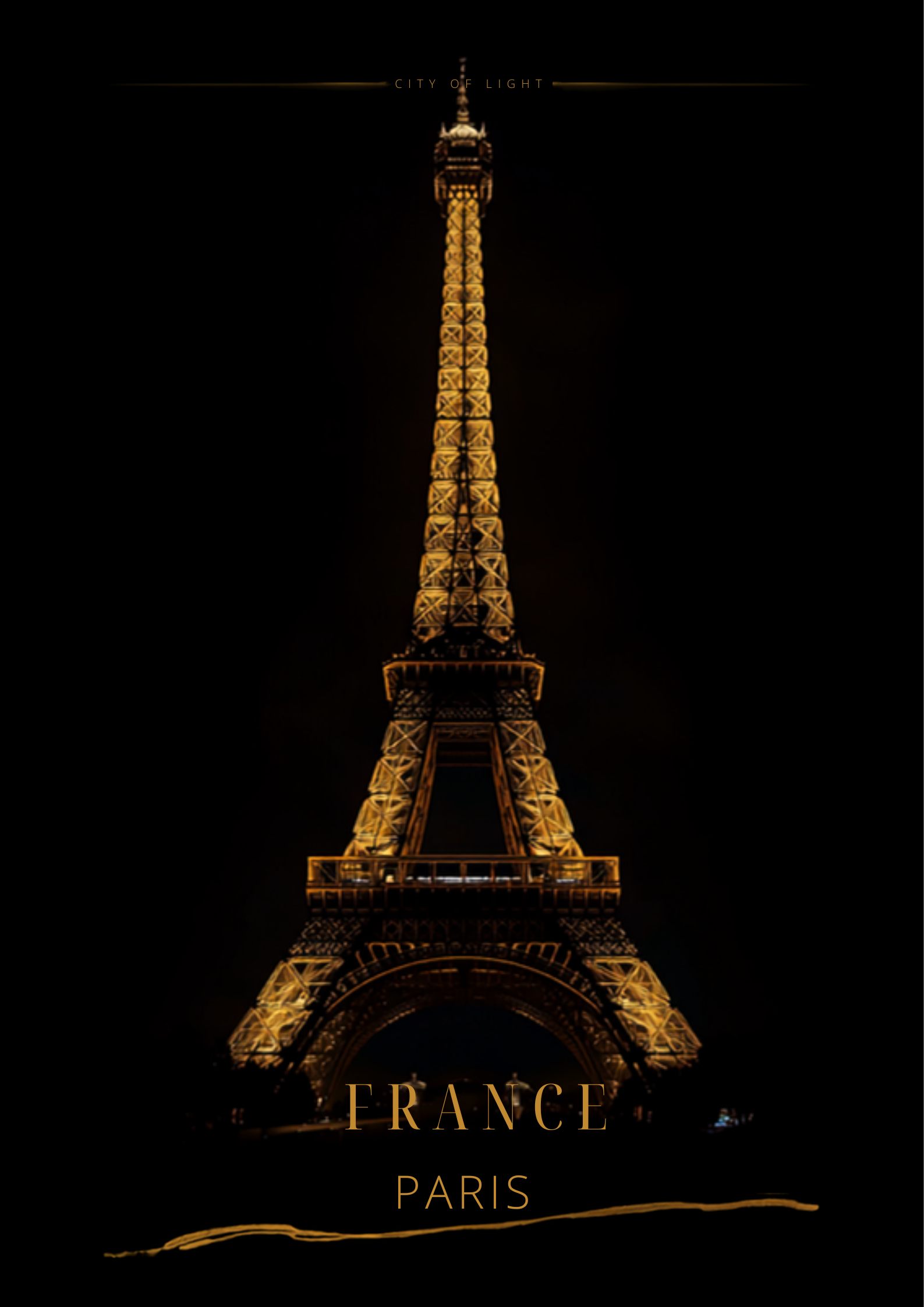 Paris Poster - Eiffel Tower at night, gold and black travel poster style