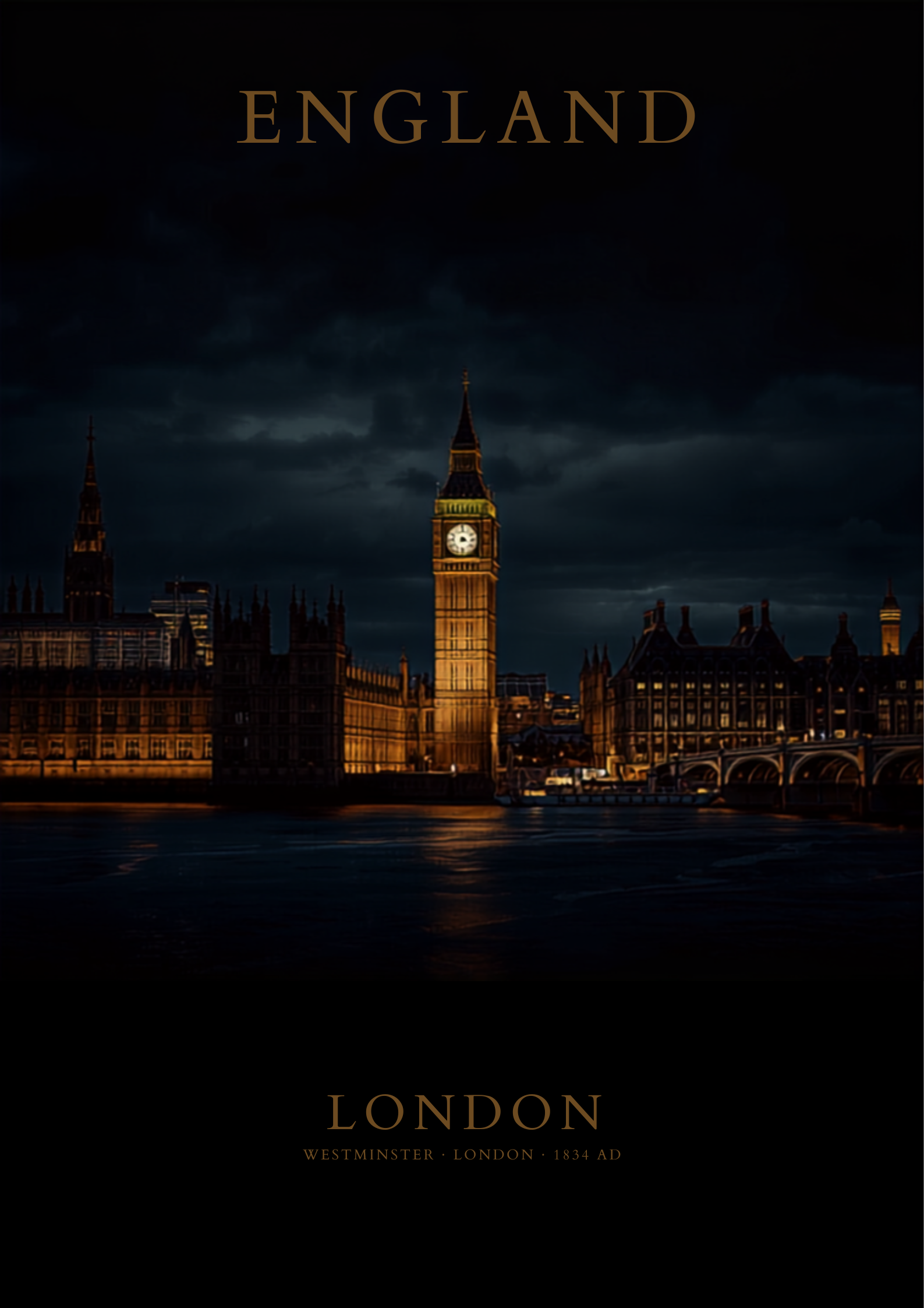 London Poster - Big Ben at night, gold and black travel poster style