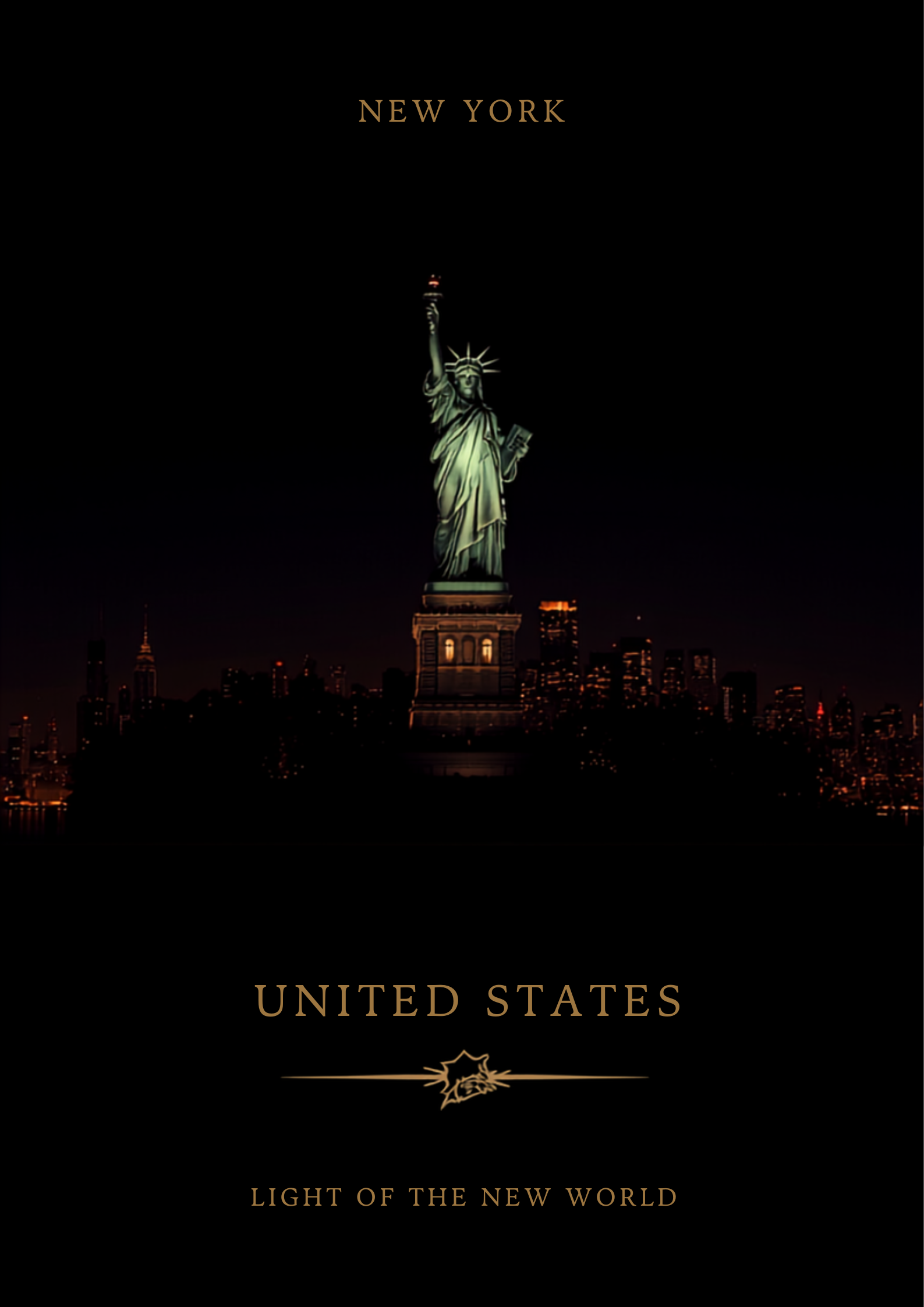 New York Poster - Statue of Liberty at night, gold and black travel poster style