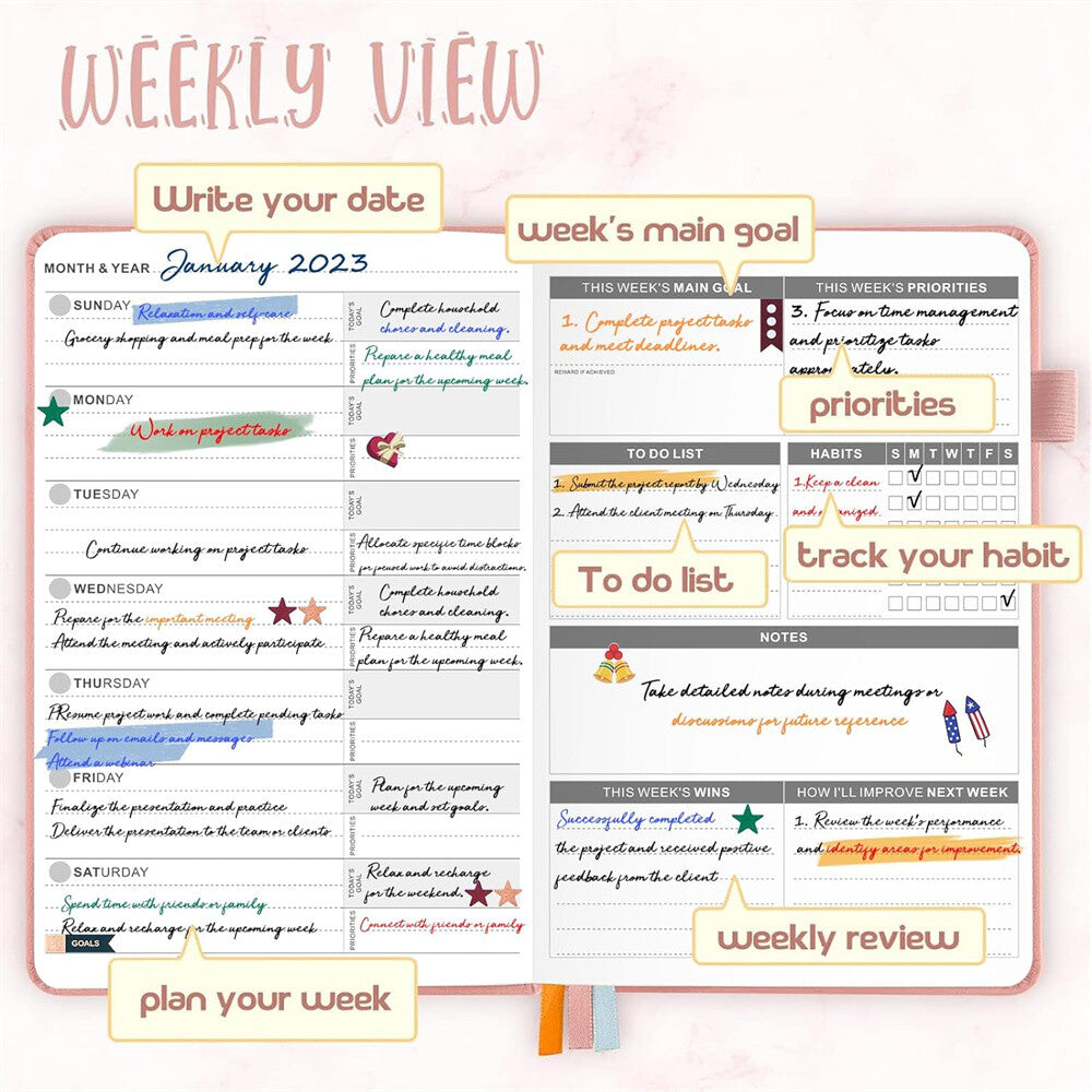 Jubtic A5 Undated Weekly &amp; Monthly Planner - Hardcover Productivity Agenda Notebook
