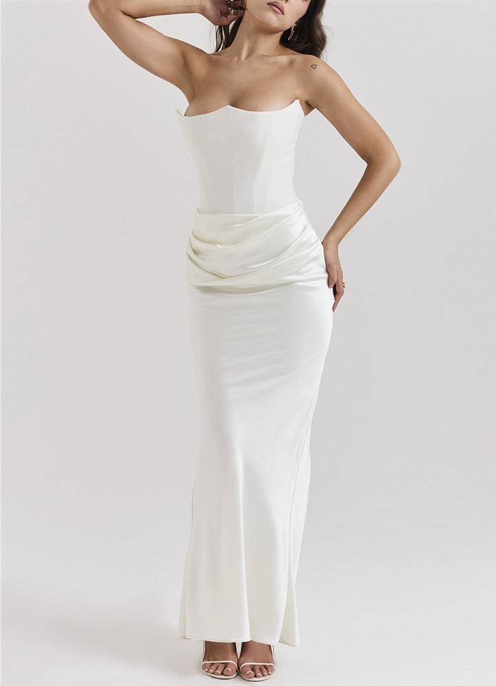 One Shoulder Pleated Satin Bodysuit Maxi Dress