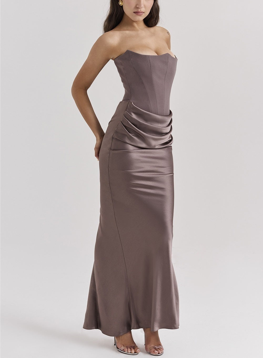 One Shoulder Pleated Satin Bodysuit Maxi Dress