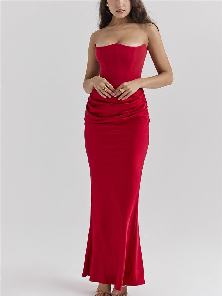 One Shoulder Pleated Satin Bodysuit Maxi Dress
