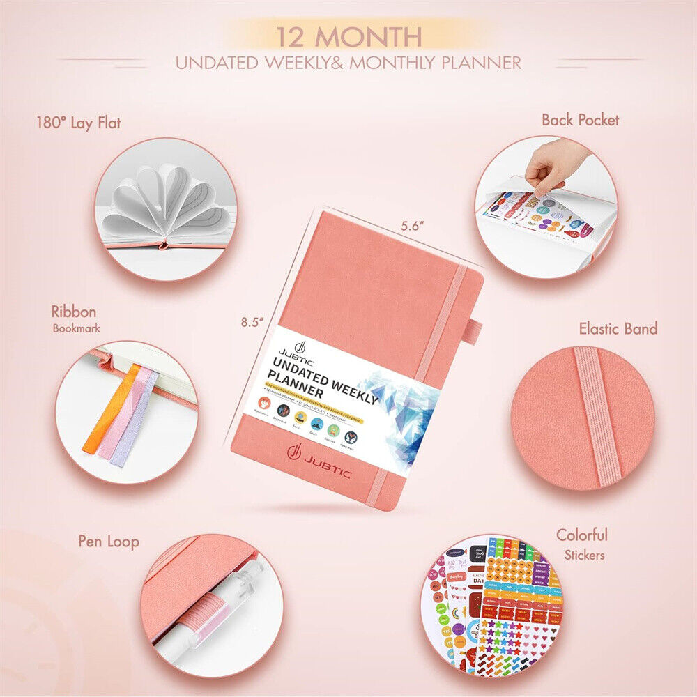 Jubtic A5 Undated Weekly &amp; Monthly Planner - Hardcover Productivity Agenda Notebook
