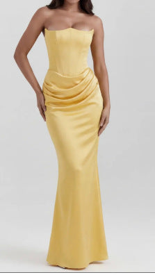 One Shoulder Pleated Satin Bodysuit Maxi Dress