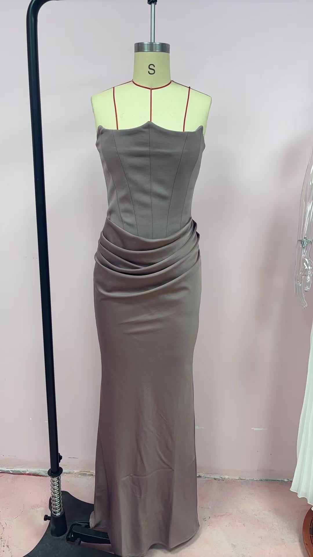 One Shoulder Pleated Satin Bodysuit Maxi Dress