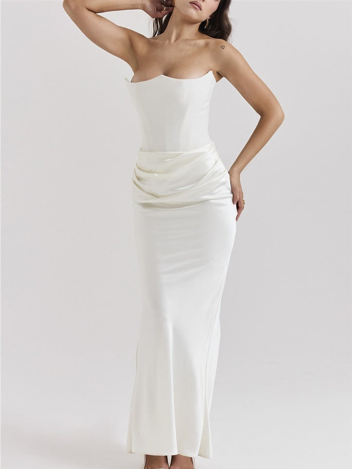 One Shoulder Pleated Satin Bodysuit Maxi Dress