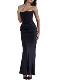 One Shoulder Pleated Satin Bodysuit Maxi Dress