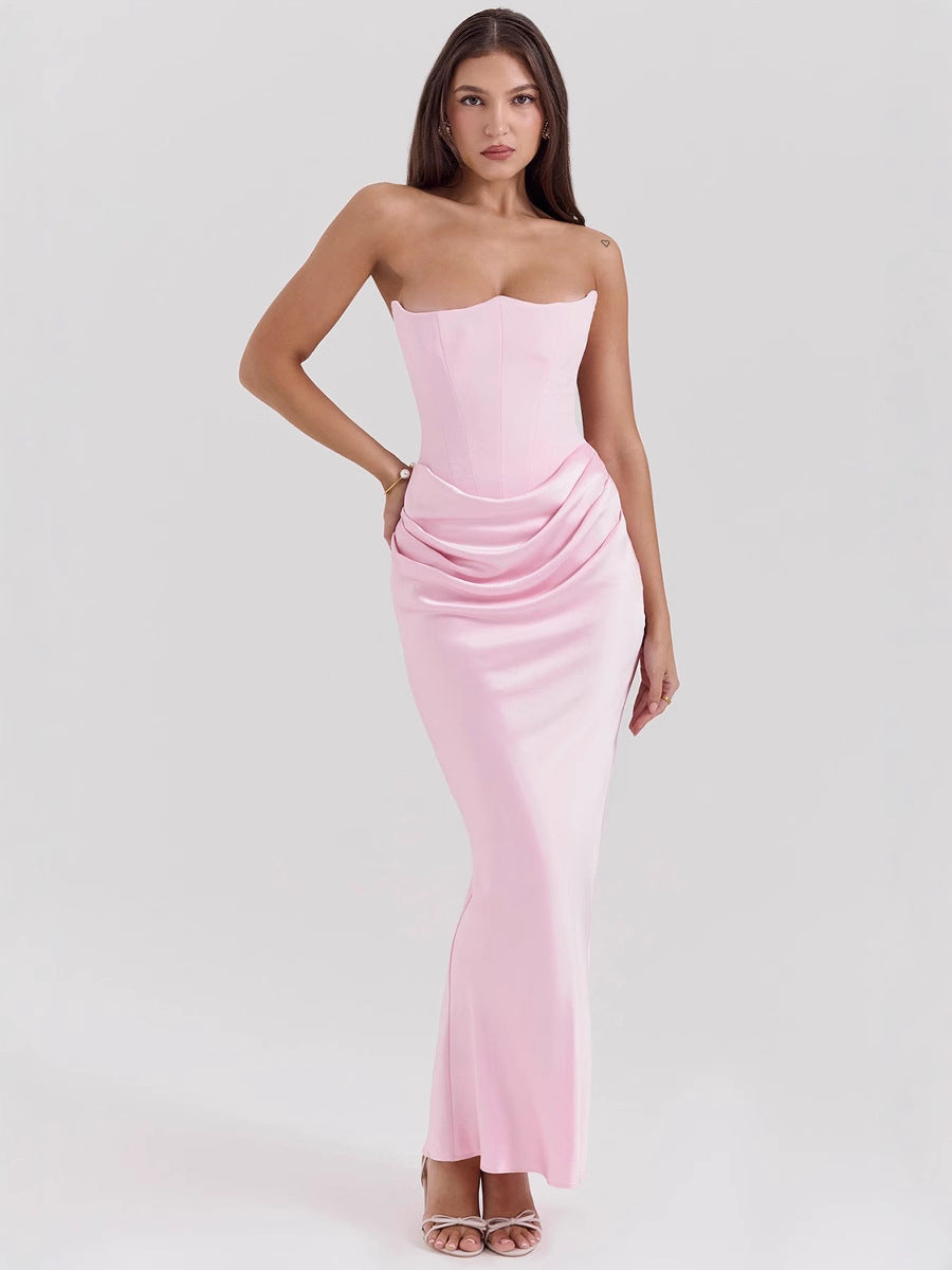 One Shoulder Pleated Satin Bodysuit Maxi Dress