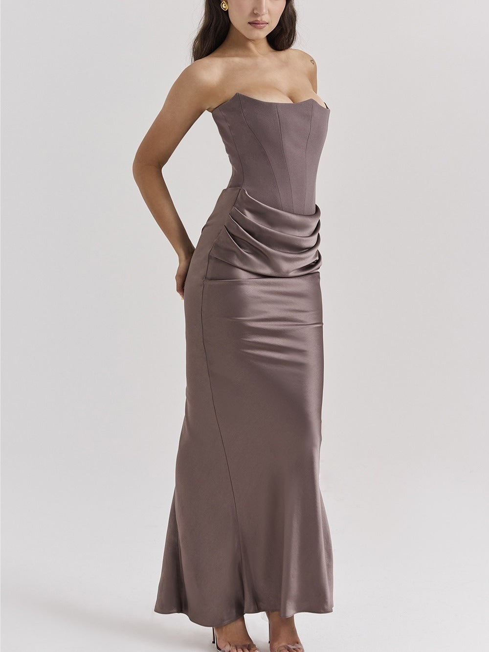 One Shoulder Pleated Satin Bodysuit Maxi Dress